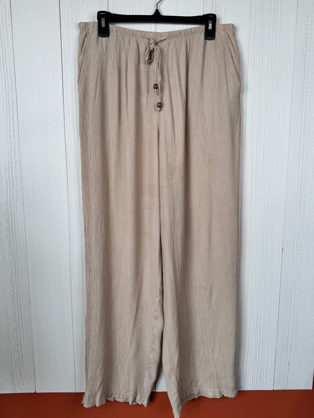 Zara neutral beige crinkle-textured wide-leg pull-on trousers